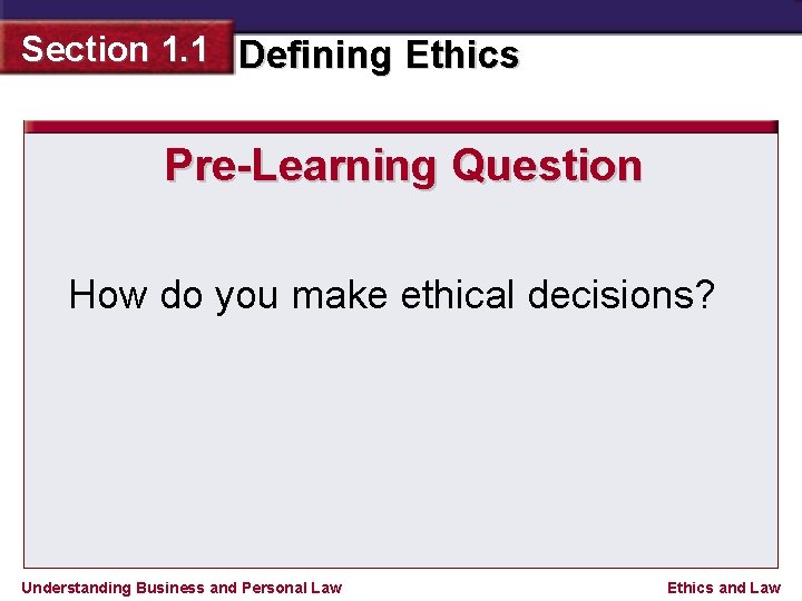 Section 1. 1 Defining Ethics Pre-Learning Question How do you make ethical decisions? Understanding