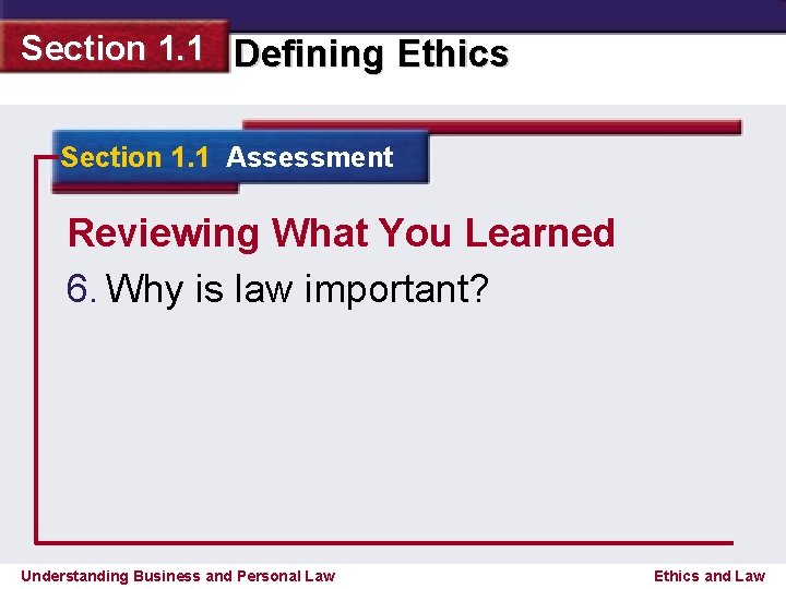 Section 1. 1 Defining Ethics Section 1. 1 Assessment Reviewing What You Learned 6.