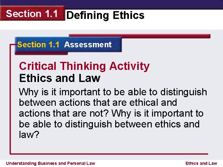 Section 1. 1 Defining Ethics Section 1. 1 Assessment Critical Thinking Activity Ethics and