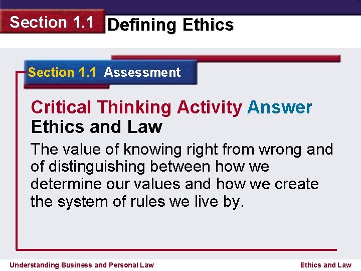 Section 1. 1 Defining Ethics Section 1. 1 Assessment Critical Thinking Activity Answer Ethics