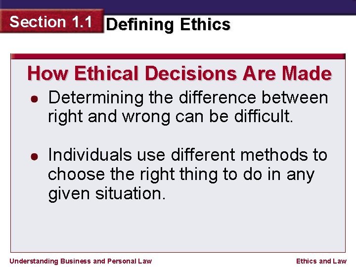 Section 1. 1 Defining Ethics How Ethical Decisions Are Made Determining the difference between