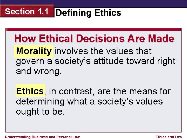 Section 1. 1 Defining Ethics How Ethical Decisions Are Made Morality involves the values