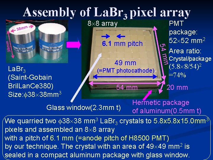 Assembly of La. Br 3 pixel array 8 8 array (=PMT photocathode) 54 mm