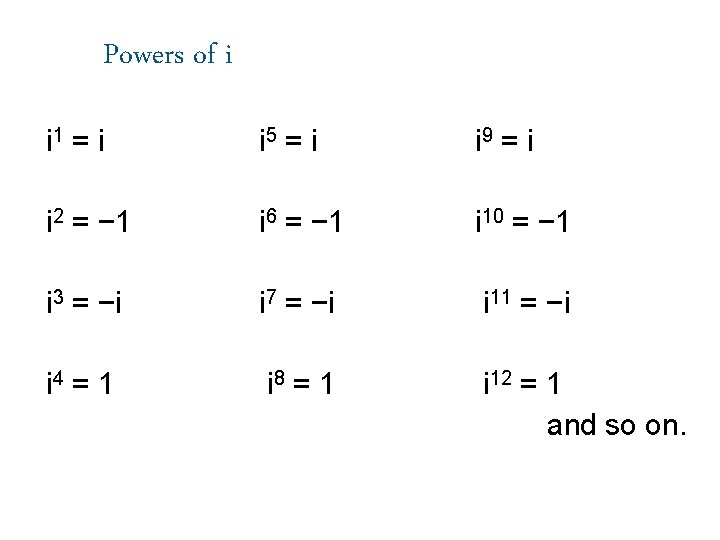 Powers of i i 1 = i i 5 = i i 9 =