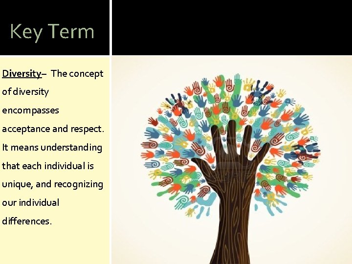 Key Term Diversity– The concept of diversity encompasses acceptance and respect. It means understanding