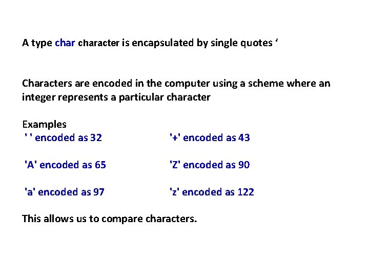 A type character is encapsulated by single quotes ‘ Characters are encoded in the A type character is encapsulated by single quotes ‘ Characters are encoded in the