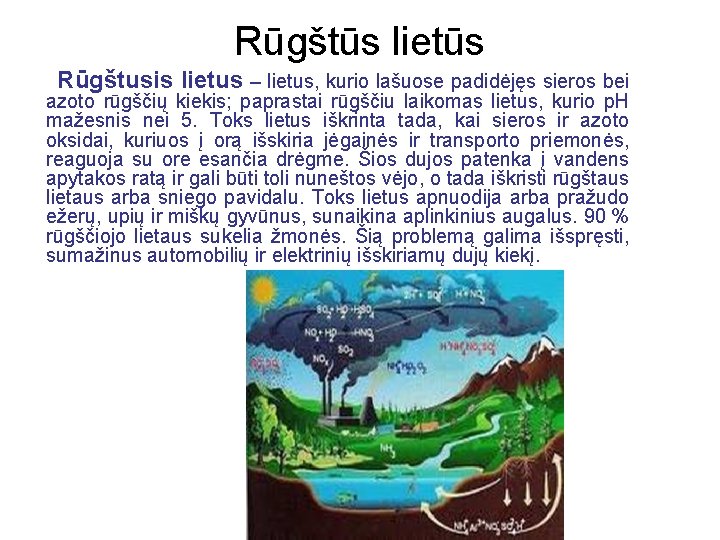 Rūgštūs lietūs Rūgštusis lietus – lietus, kurio lašuose padidėjęs sieros bei azoto rūgščių kiekis;