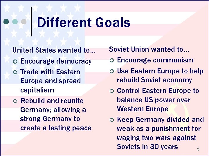 Different Goals United States wanted to… ¢ Encourage democracy ¢ Trade with Eastern Europe
