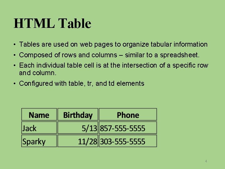 HTML Table • Tables are used on web pages to organize tabular information •