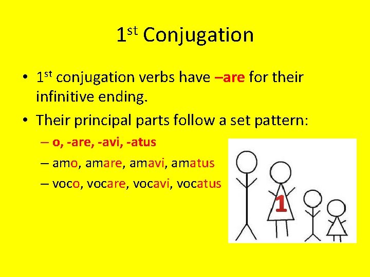 1 st Conjugation • 1 st conjugation verbs have –are for their infinitive ending.