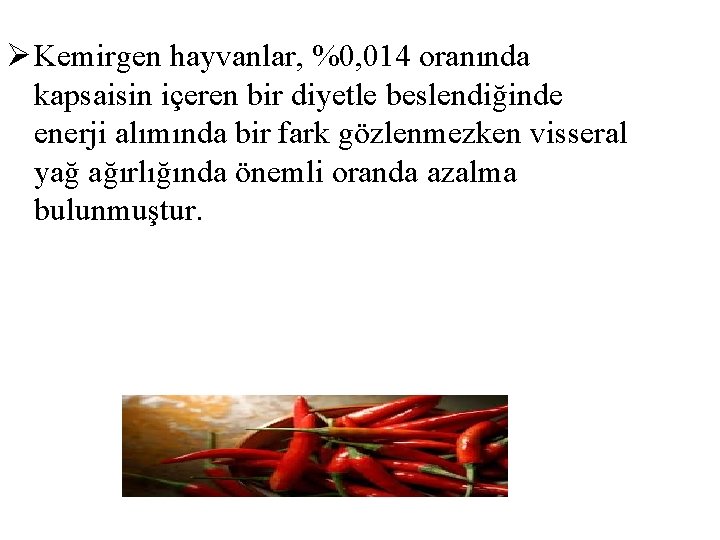 Ø Kemirgen hayvanlar, %0, 014 oranında kapsaisin içeren bir diyetle beslendiğinde enerji alımında bir