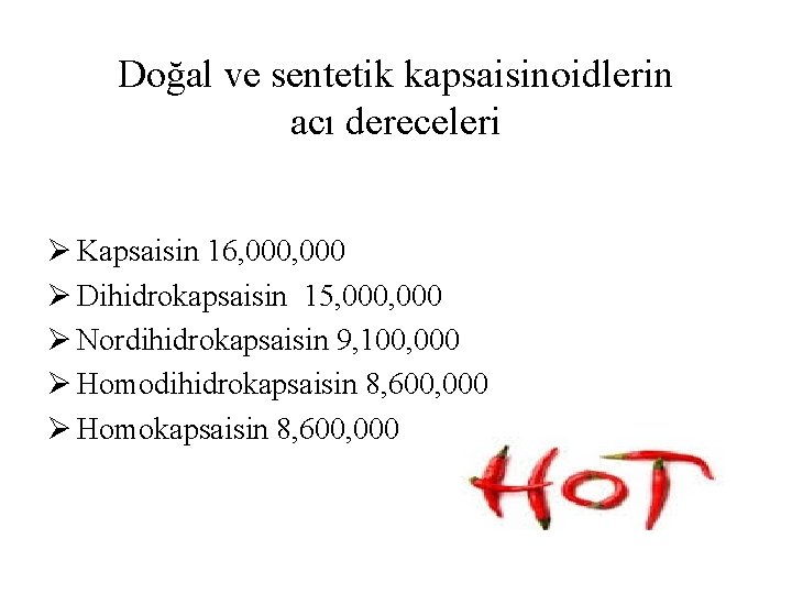 Doğal ve sentetik kapsaisinoidlerin acı dereceleri Ø Kapsaisin 16, 000 Ø Dihidrokapsaisin 15, 000