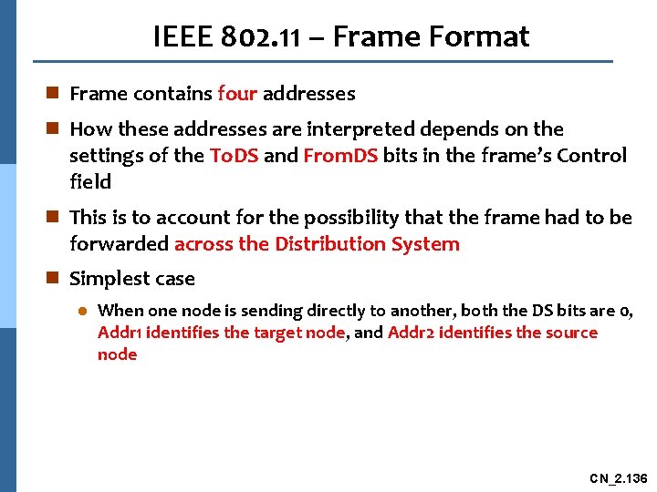 IEEE 802. 11 – Frame Format n Frame contains four addresses n How these