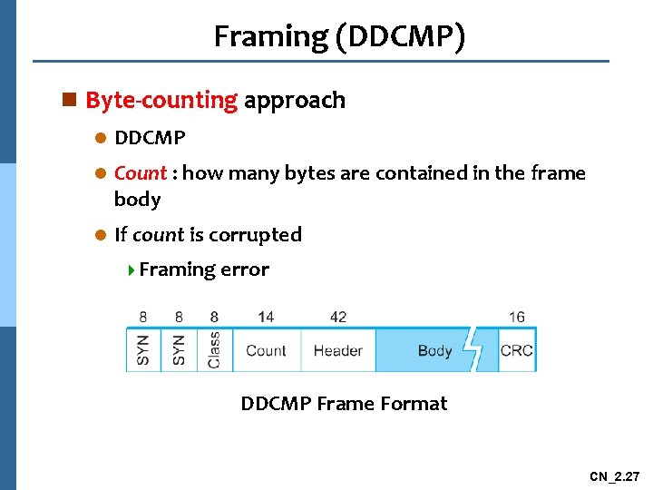 Framing (DDCMP) n Byte-counting approach l DDCMP l Count : how many bytes are