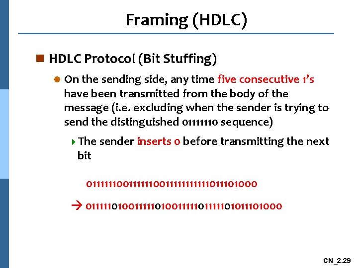 Framing (HDLC) n HDLC Protocol (Bit Stuffing) l On the sending side, any time