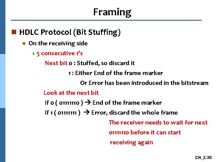 Framing n HDLC Protocol (Bit Stuffing) l On the receiving side 4 5 consecutive