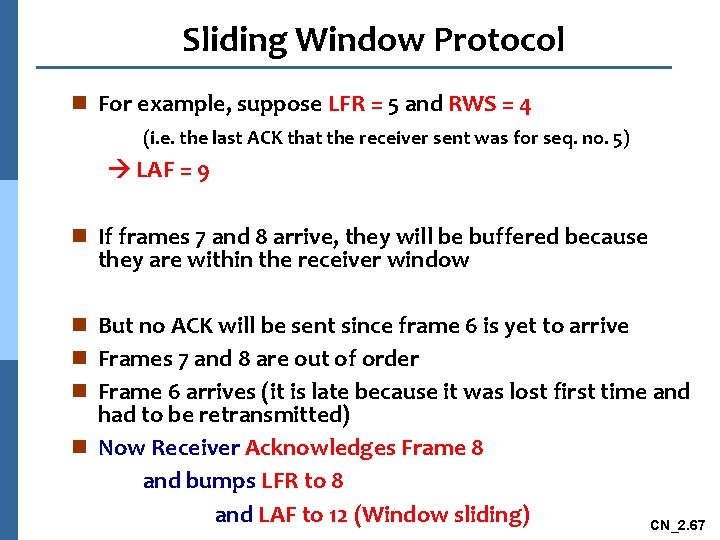 Sliding Window Protocol n For example, suppose LFR = 5 and RWS = 4