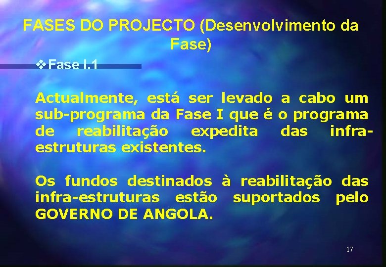 FASES DO PROJECTO (Desenvolvimento da Fase) v. Fase I. 1 Actualmente, está ser levado