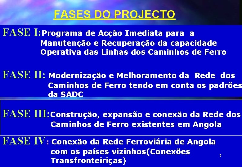 FASES DO PROJECTO FASE I: Programa de Acção Imediata para a Manutenção e Recuperação