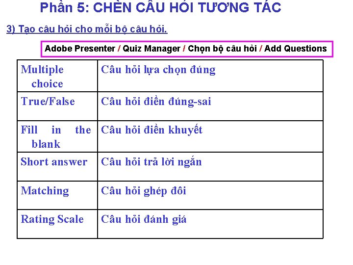 Phần 5: CHÈN C U HỎI TƯƠNG TÁC 3) Tạo câu hỏi cho mỗi