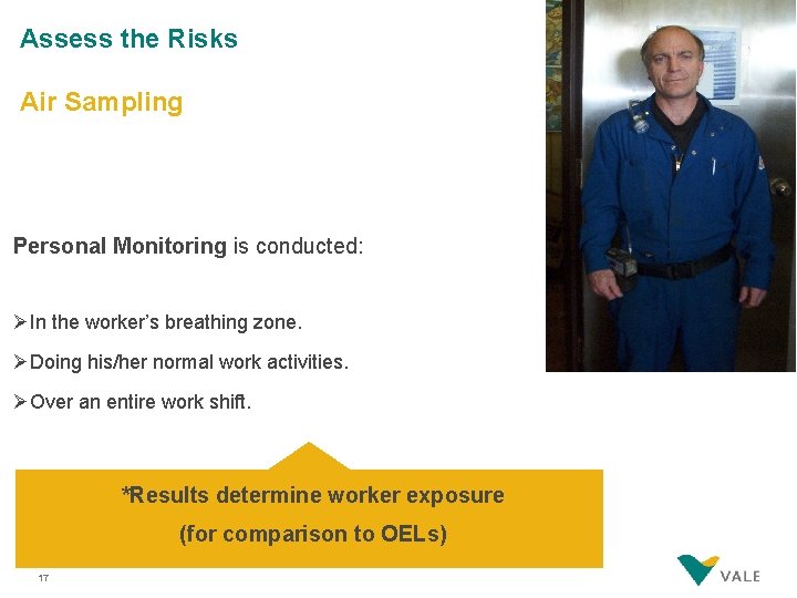 Assess the Risks Air Sampling Personal Monitoring is conducted: ØIn the worker’s breathing zone.