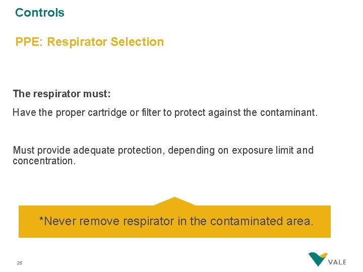 Controls PPE: Respirator Selection The respirator must: Have the proper cartridge or filter to