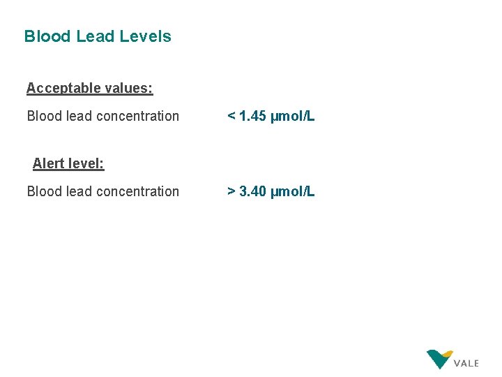 Blood Lead Levels Acceptable values: Blood lead concentration < 1. 45 µmol/L Alert level: