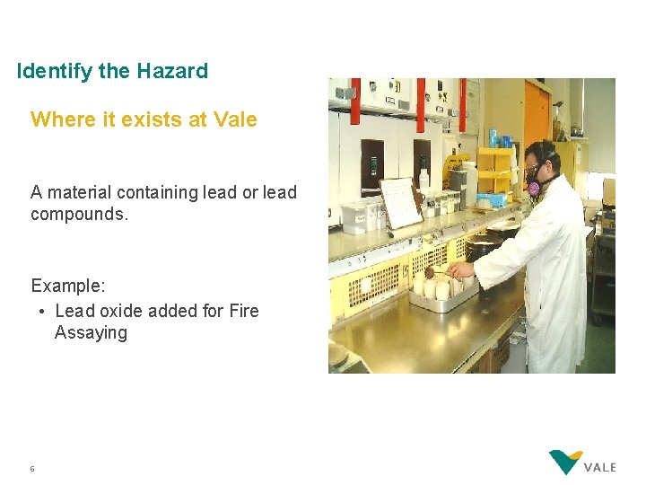 Identify the Hazard Where it exists at Vale A material containing lead or lead