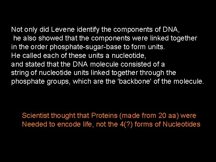 Not only did Levene identify the components of DNA, he also showed that the