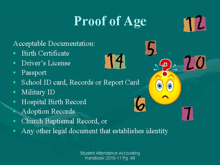 Proof of Age Acceptable Documentation: • Birth Certificate • Driver’s License • Passport •