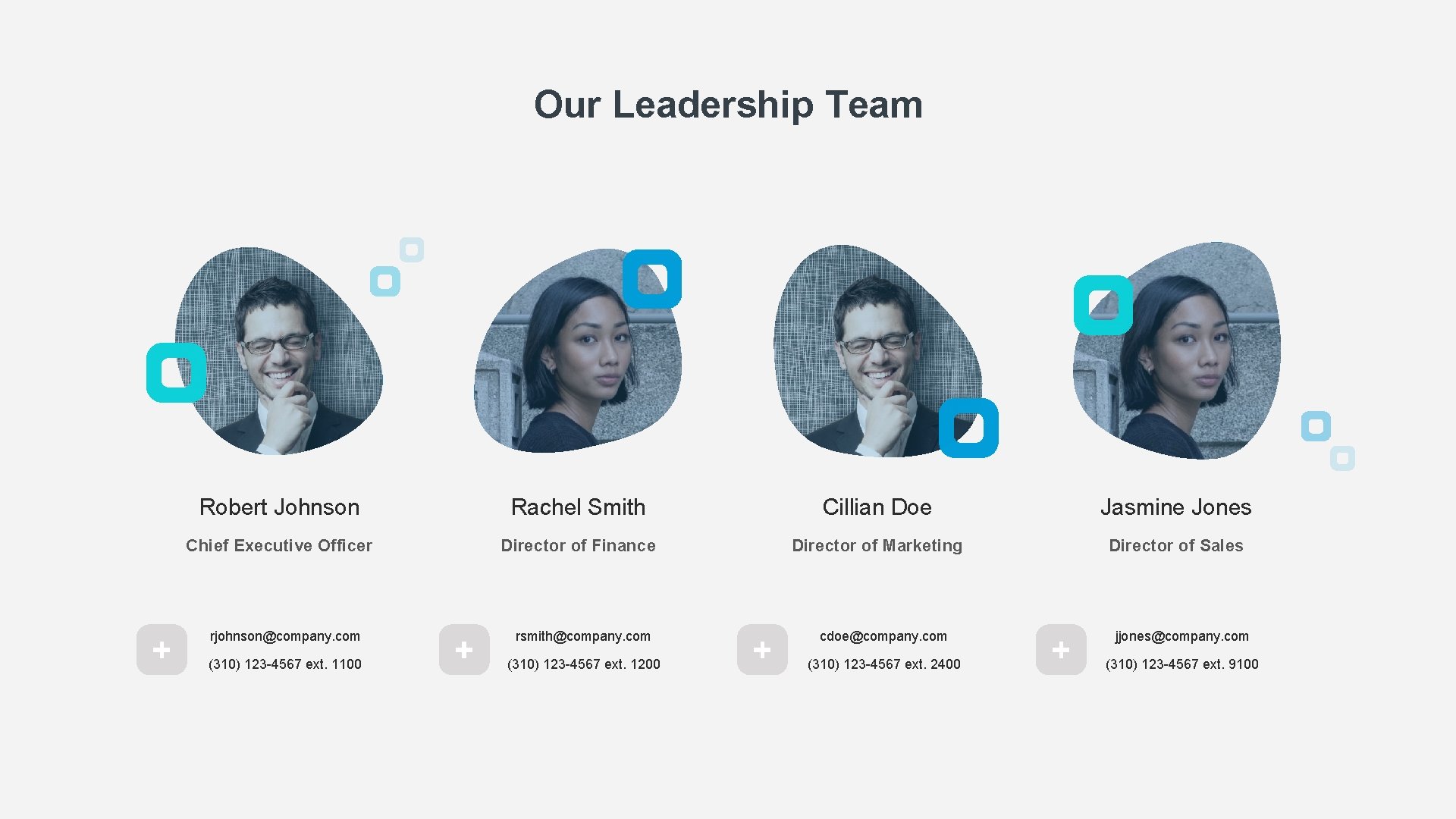 Our Leadership Team Robert Johnson Rachel Smith Cillian Doe Jasmine Jones Chief Executive Officer
