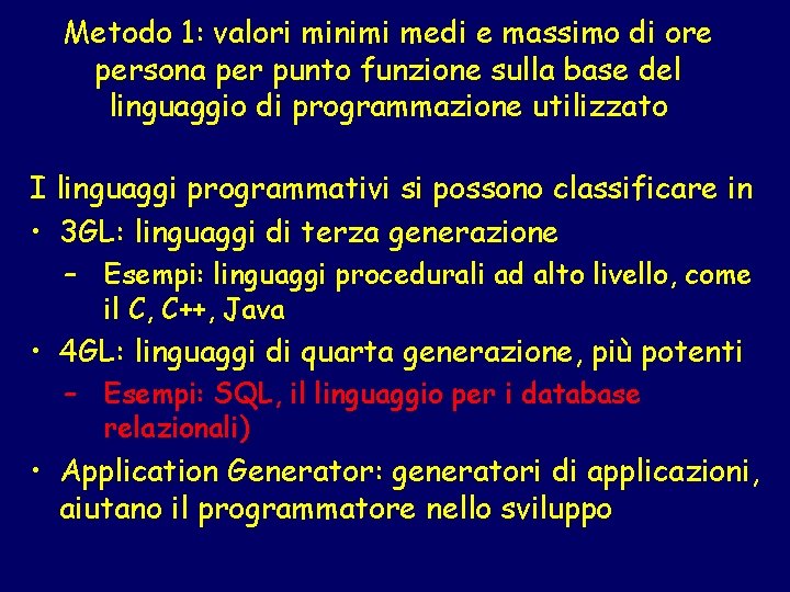 Metodo 1: valori minimi medi e massimo di ore persona per punto funzione sulla