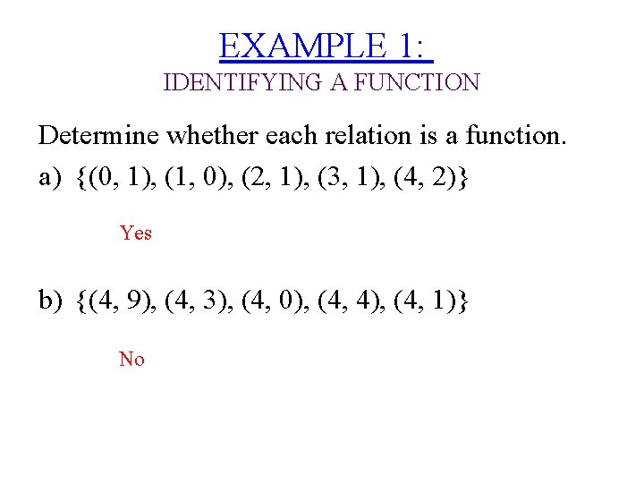 EXAMPLE 1: IDENTIFYING A FUNCTION Determine whether each relation is a function. a) {(0,