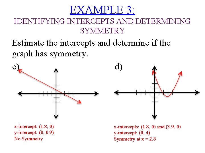 EXAMPLE 3: IDENTIFYING INTERCEPTS AND DETERMINING SYMMETRY Estimate the intercepts and determine if the