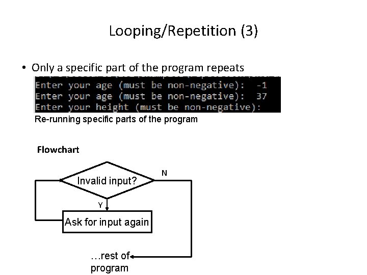 Looping/Repetition (3) • Only a specific part of the program repeats Re-running specific parts