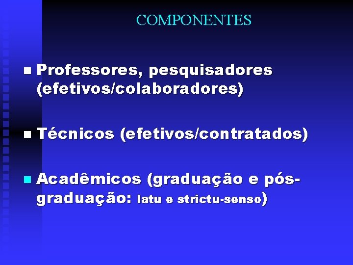 COMPONENTES n n n Professores, pesquisadores (efetivos/colaboradores) Técnicos (efetivos/contratados) Acadêmicos (graduação e pósgraduação: latu