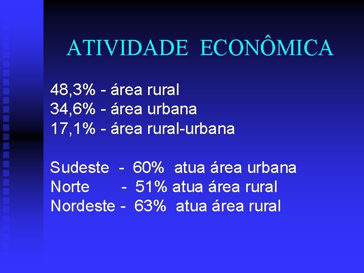 ATIVIDADE ECONÔMICA 48, 3% - área rural 34, 6% - área urbana 17, 1%