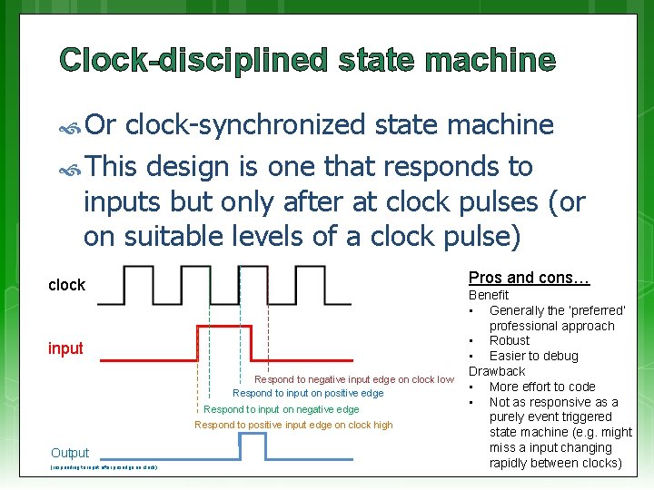 Clock-disciplined state machine Or clock-synchronized state machine This design is one that responds to