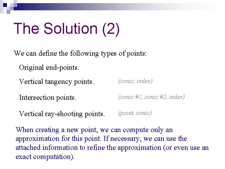 The Solution (2) We can define the following types of points: Original end-points. Vertical