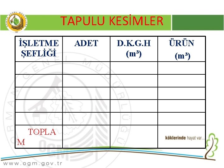 TAPULU KESİMLER İŞLETME ŞEFLİĞİ TOPLA M ADET D. K. G. H (m³) ÜRÜN (m³)