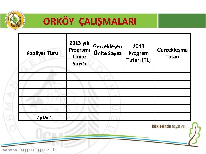 ORKÖY ÇALIŞMALARI Faaliyet Türü 2013 yılı Gerçekleşen 2013 Programı Ünite Sayısı Program Ünite Tutarı