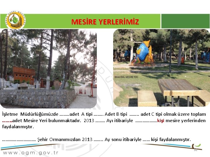 MESİRE YERLERİMİZ İşletme Müdürlüğümüzde ……. . adet A tipi ……. . Adet B tipi