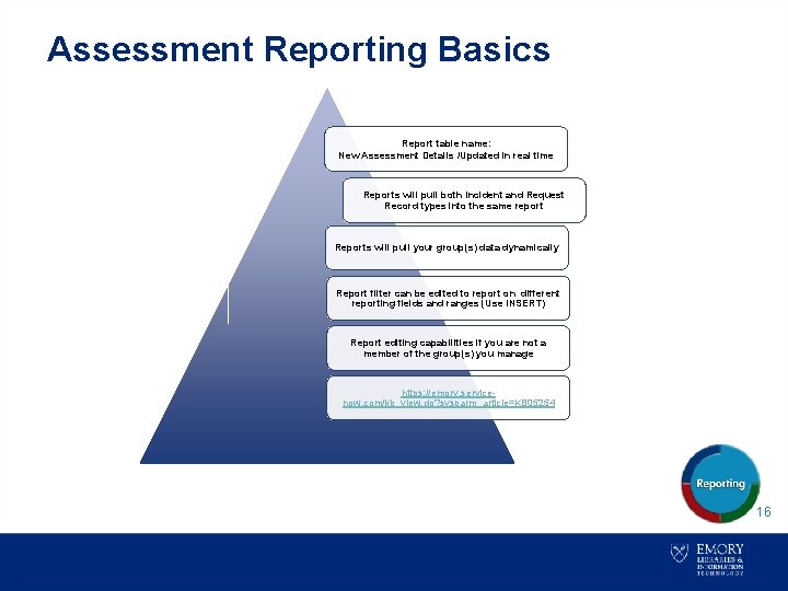 Assessment Reporting Basics Report table name: New Assessment Details /Updated in real time Reports