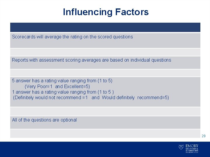 Influencing Factors Scorecards will average the rating on the scored questions Reports with assessment