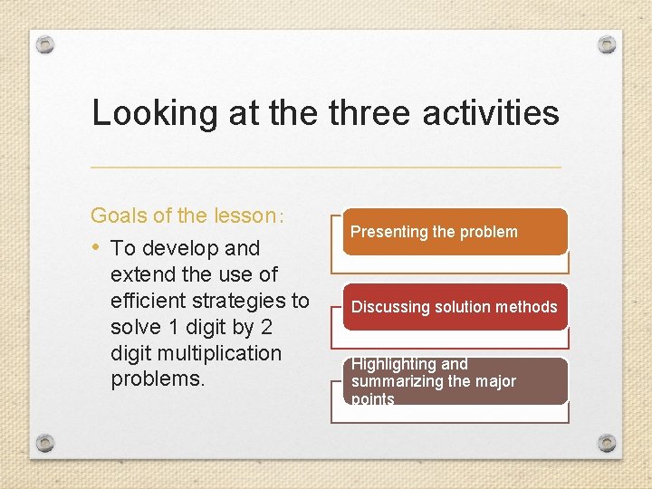 Looking at the three activities Goals of the lesson： • To develop and extend