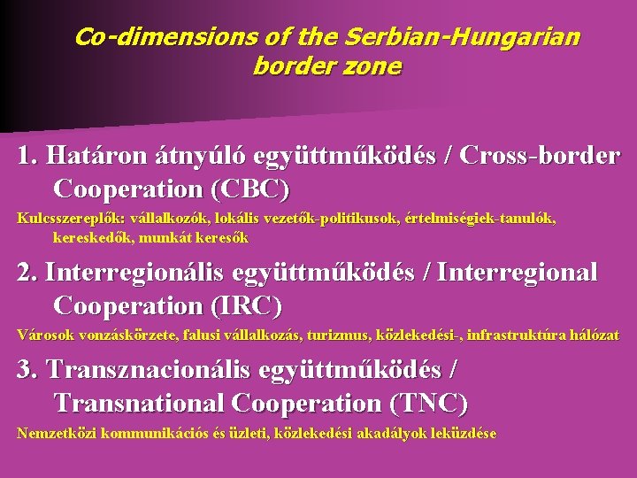 Co-dimensions of the Serbian-Hungarian border zone 1. Határon átnyúló együttműködés / Cross-border Cooperation (CBC) Co-dimensions of the Serbian-Hungarian border zone 1. Határon átnyúló együttműködés / Cross-border Cooperation (CBC)