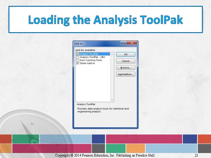 Loading the Analysis Tool. Pak Copyright © 2014 Pearson Education, Inc. Publishing as Prentice