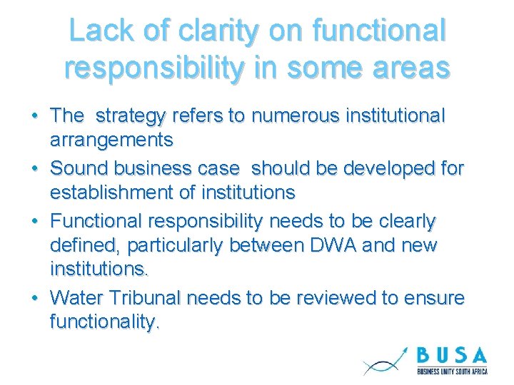 Lack of clarity on functional responsibility in some areas • The strategy refers to