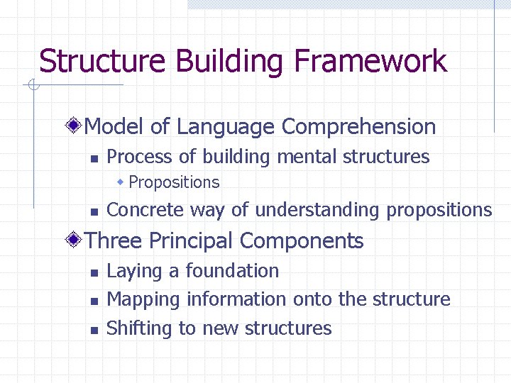 Structure Building Framework Model of Language Comprehension n Process of building mental structures w