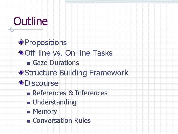 Outline Propositions Off-line vs. On-line Tasks n Gaze Durations Structure Building Framework Discourse n